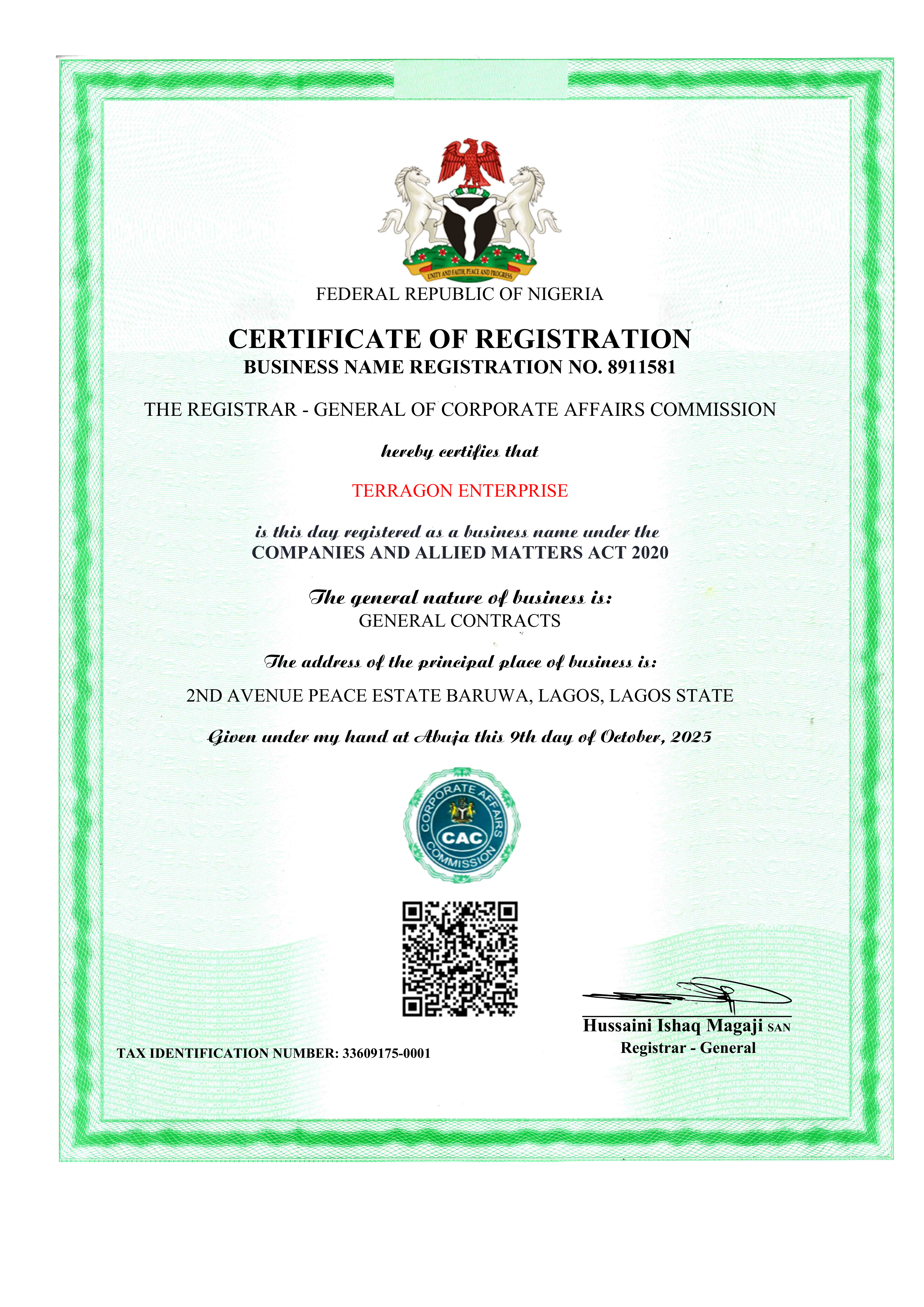 CAC Registration Certificate